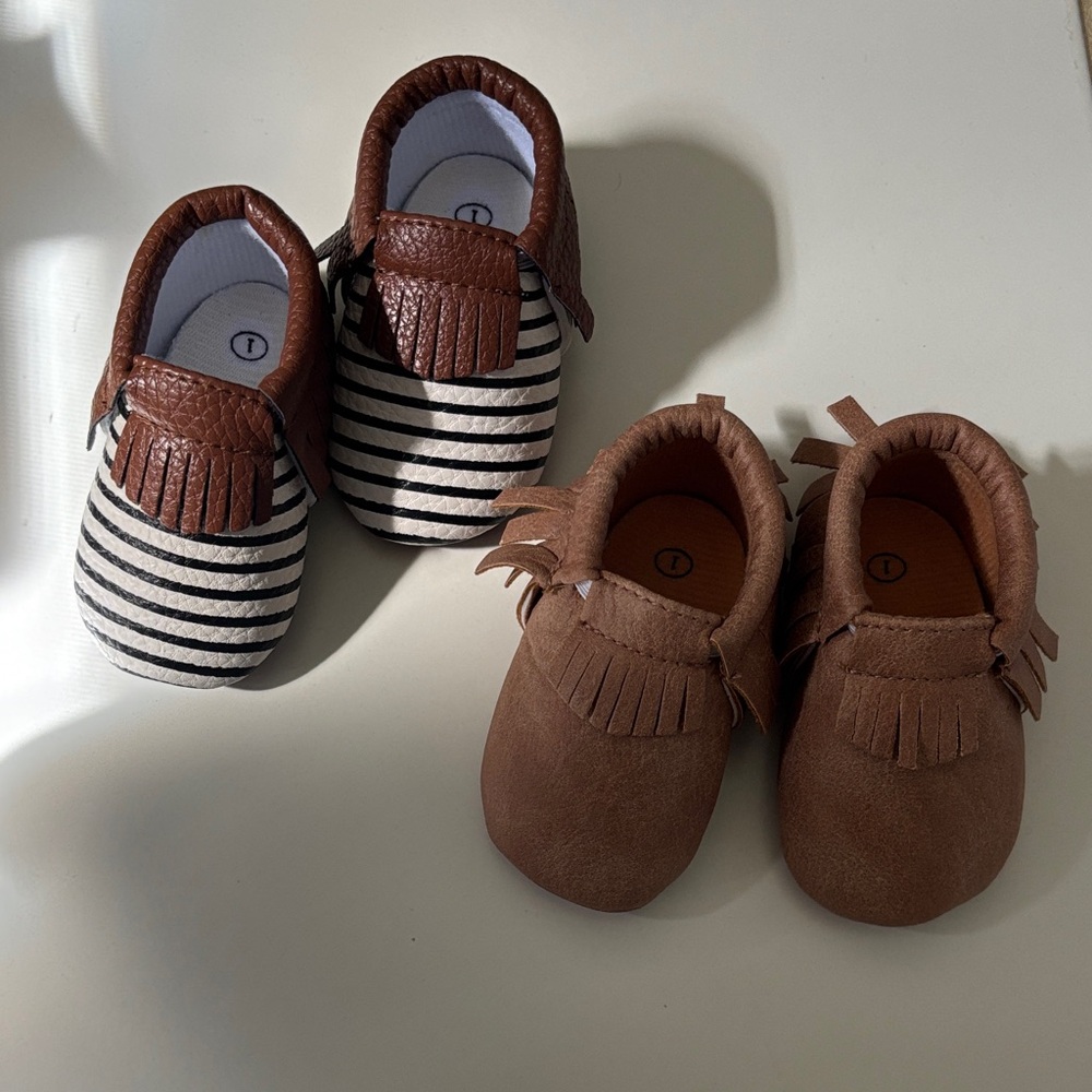 Baby Shoes Moccasins Two Pairs Size 1 Solid Brown and Blue White Striped Pair